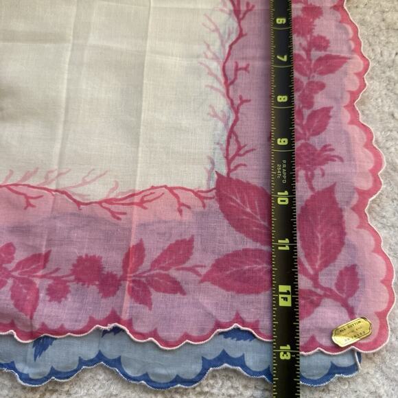 Vintage 1950s Philippine Embroidered Leaf Cotton Handkerchief Set Of 2 Blue Pink - Picture 7 of 7